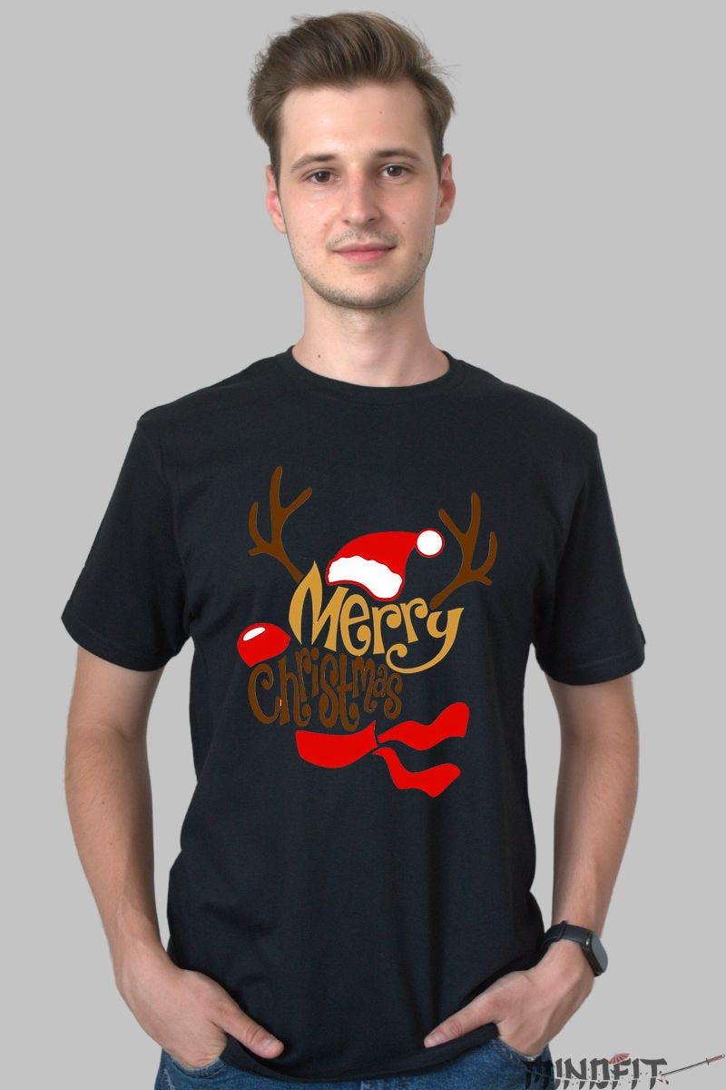 Tricou De Craciun - Merry Christmas Cu Coarne Si Caciula barbat negru