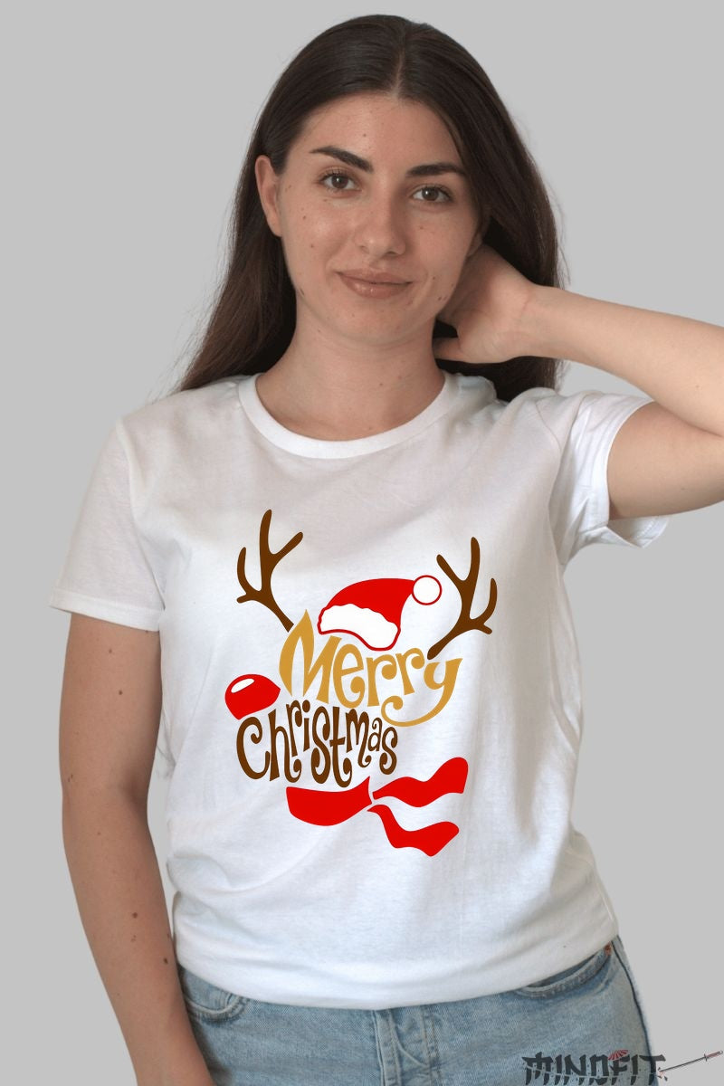 Tricou De Craciun - Merry Christmas Cu Coarne Si Caciula dama alb