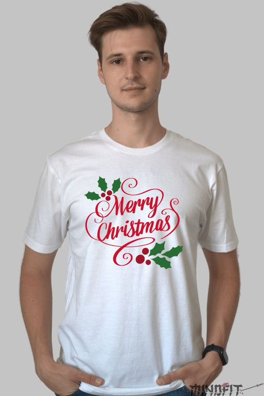 Tricou De Craciun - Merry Christmas Cu Frunze De Ilex barbat alb
