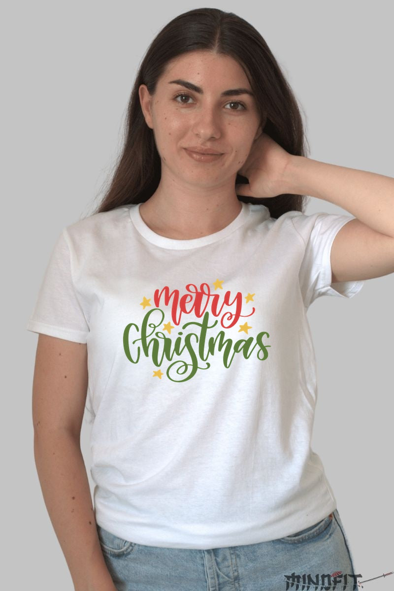 Tricou De Craciun - Merry Christmas Cu Stele dama alb