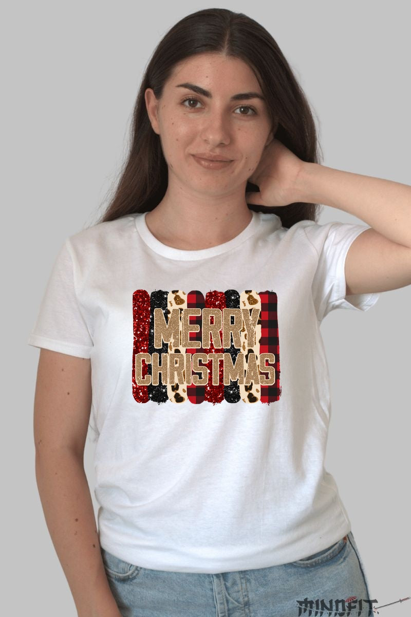 Tricou De Craciun - Merry Christmas Cu Textura Festiva dama alb