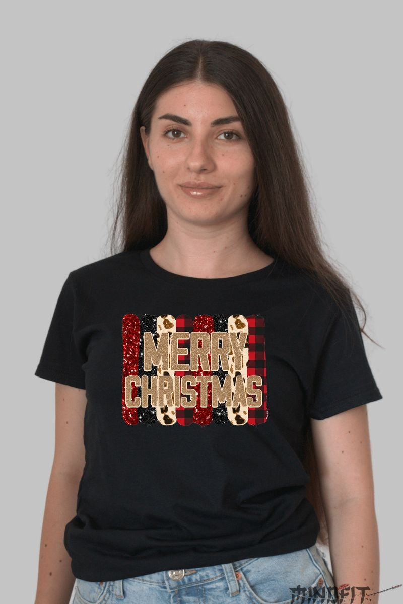 Tricou De Craciun - Merry Christmas Cu Textura Festiva dama negru