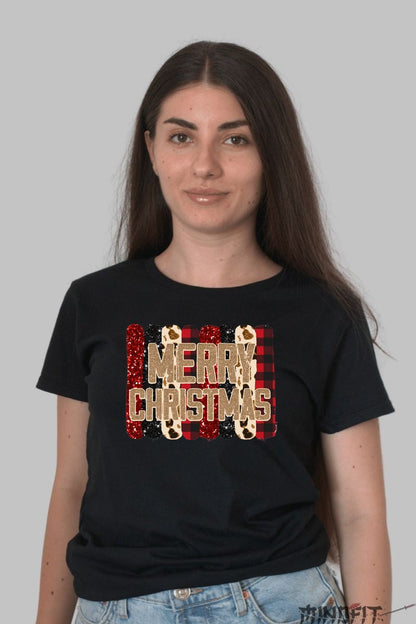 Tricou De Craciun - Merry Christmas Cu Textura Festiva dama negru