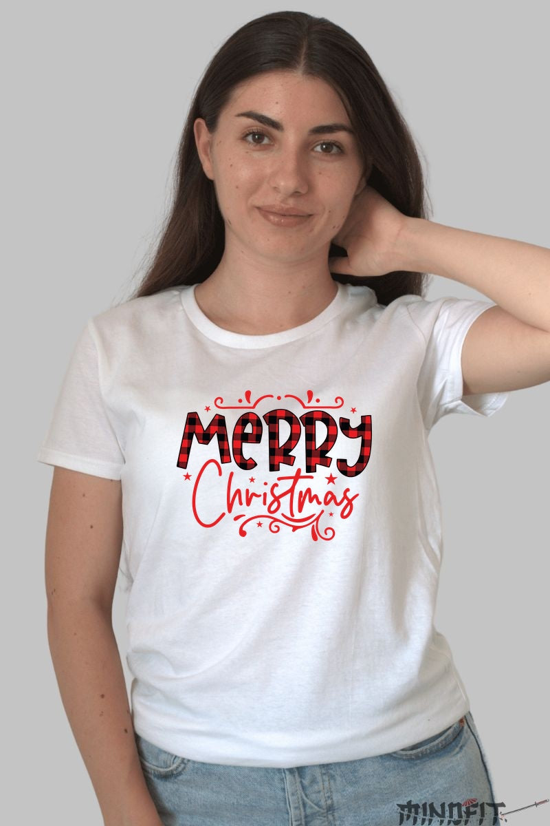Tricou De Craciun - Merry Christmas In Carouri dama alb