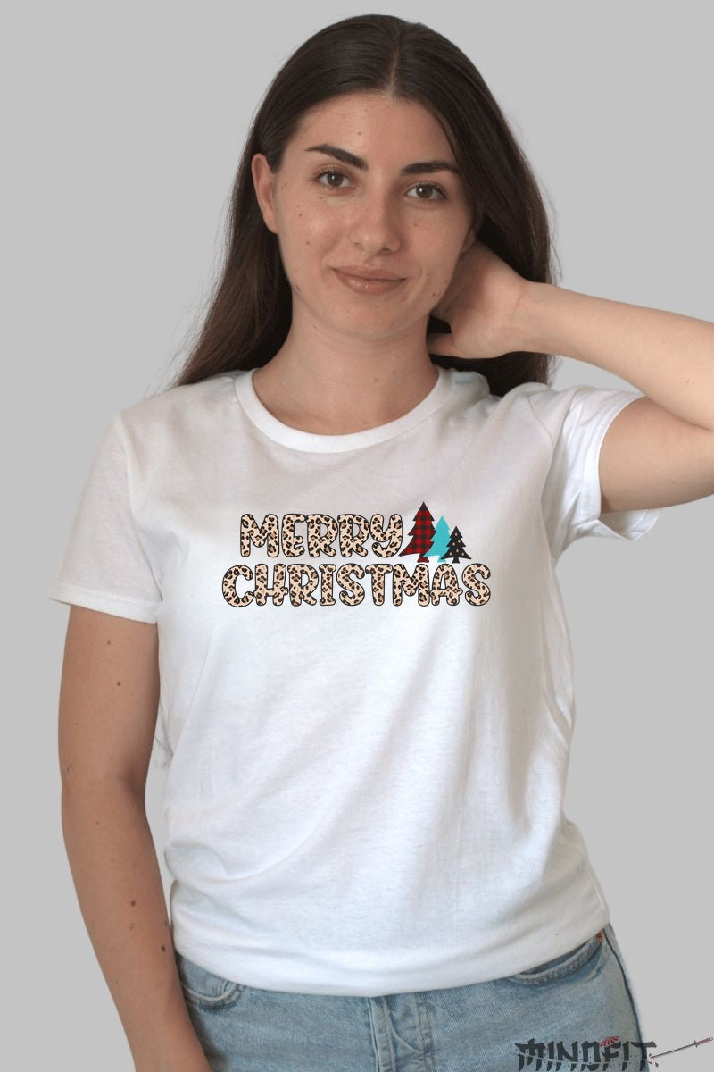 Tricou De Craciun - Merry Christmas Leopard Print dama alb