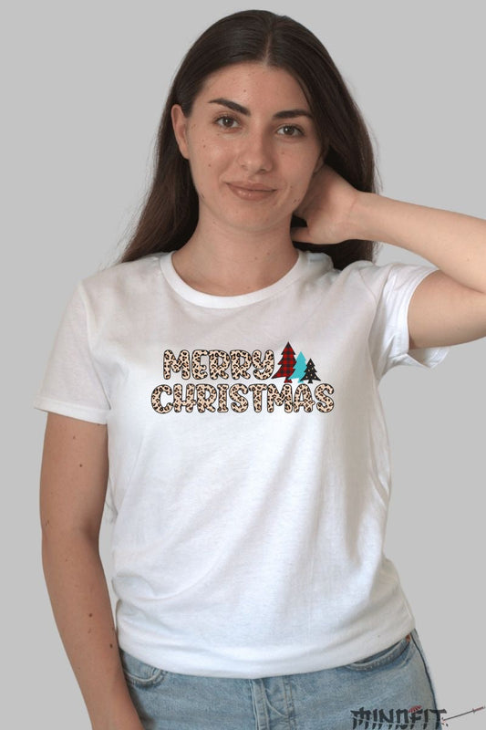 Tricou De Craciun - Merry Christmas Leopard Print dama alb