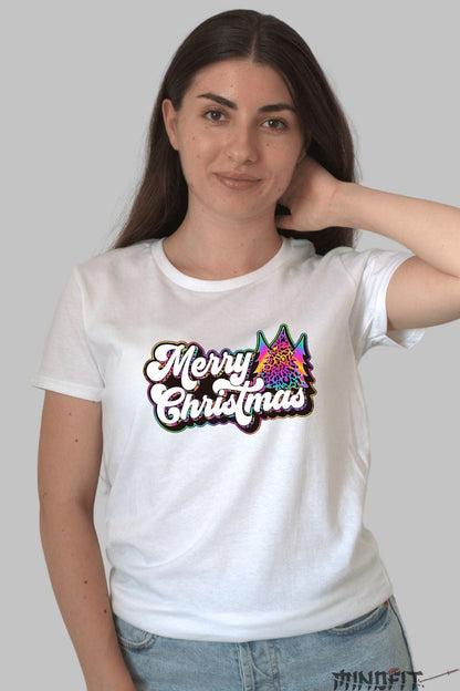 Tricou De Craciun - Merry Christmas Leopard Tree dama alb