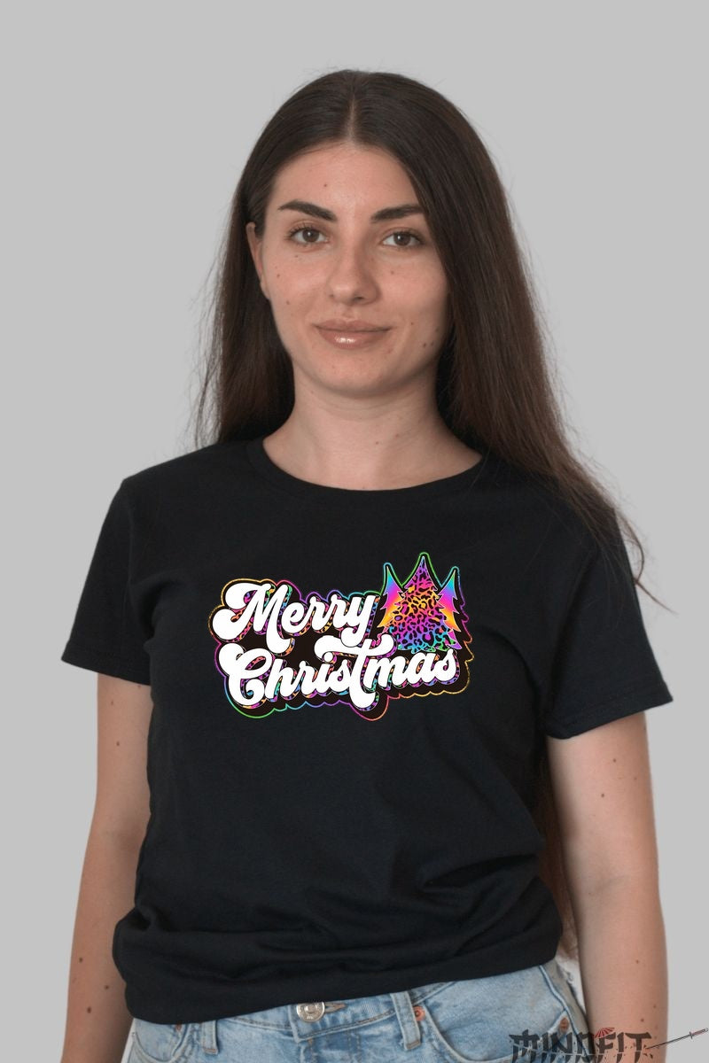 Tricou De Craciun - Merry Christmas Leopard Tree dama negru