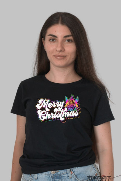 Tricou De Craciun - Merry Christmas Leopard Tree dama negru