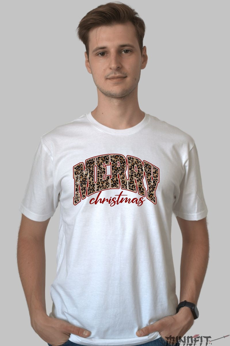 Tricou De Craciun - Merry Christmas Print Leopard barbat alb
