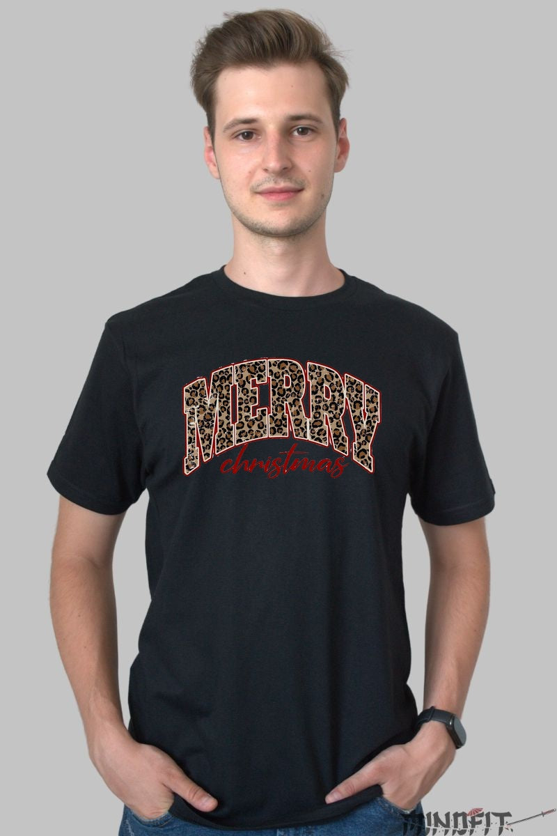 Tricou De Craciun - Merry Christmas Print Leopard barbat negru