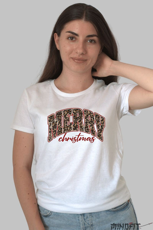 Tricou De Craciun - Merry Christmas Print Leopard dama alb