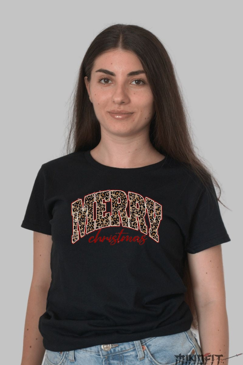 Tricou De Craciun - Merry Christmas Print Leopard dama negru
