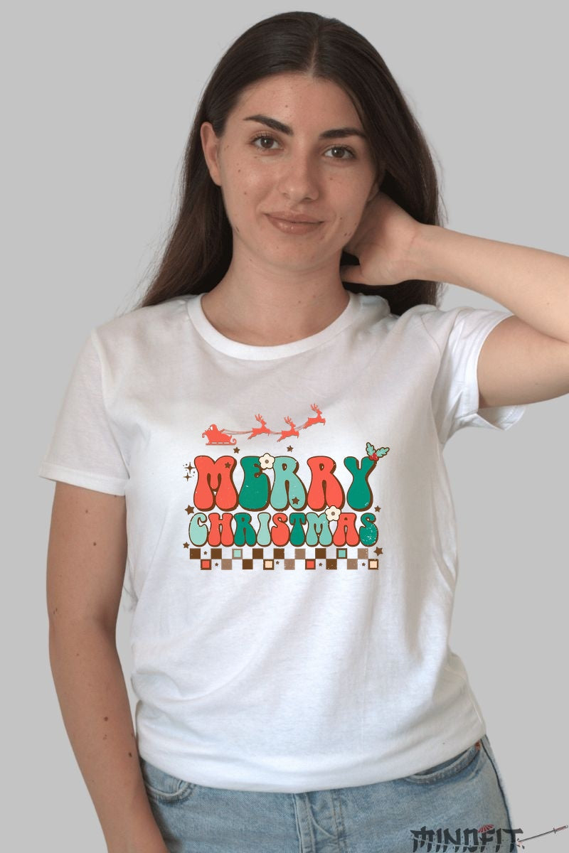 Tricou De Craciun - Merry Christmas Retro dama alb