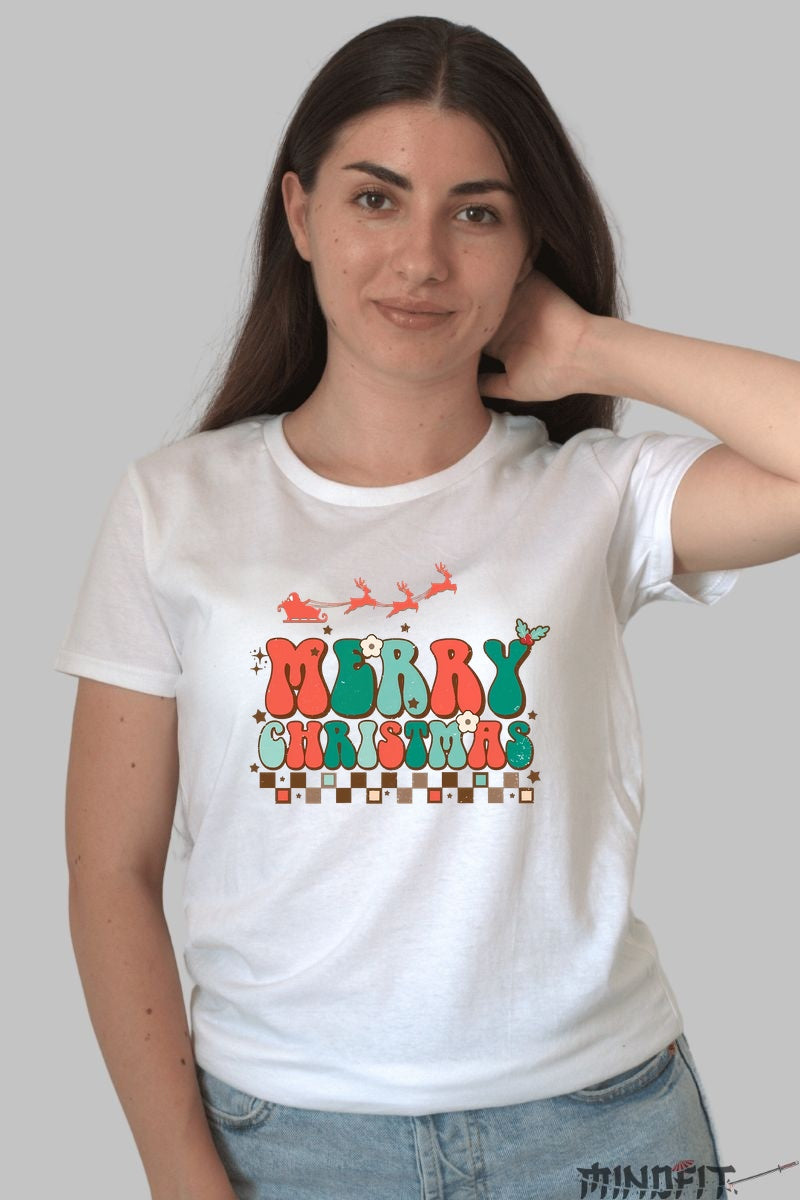 Tricou De Craciun - Merry Christmas Retro dama alb