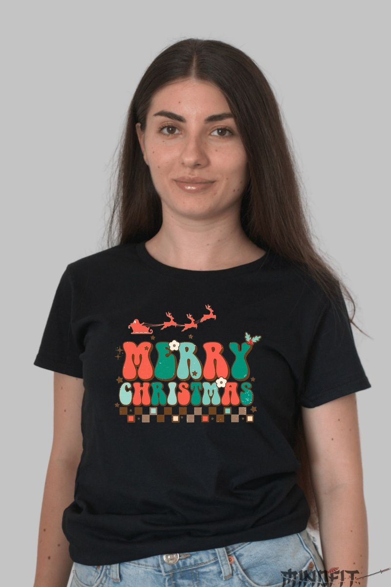 Tricou De Craciun - Merry Christmas Retro dama negru
