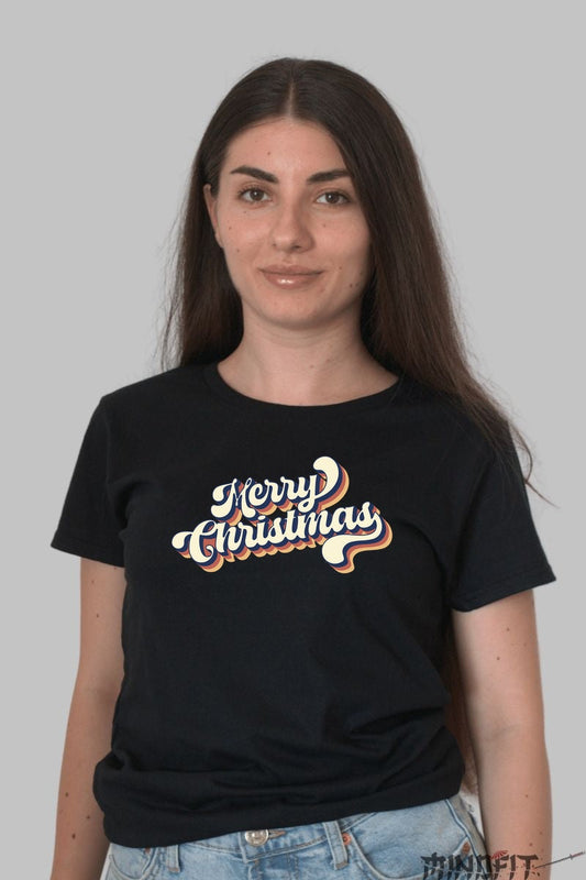 Tricou De Craciun - Merry Christmas Retro Wave dama negru