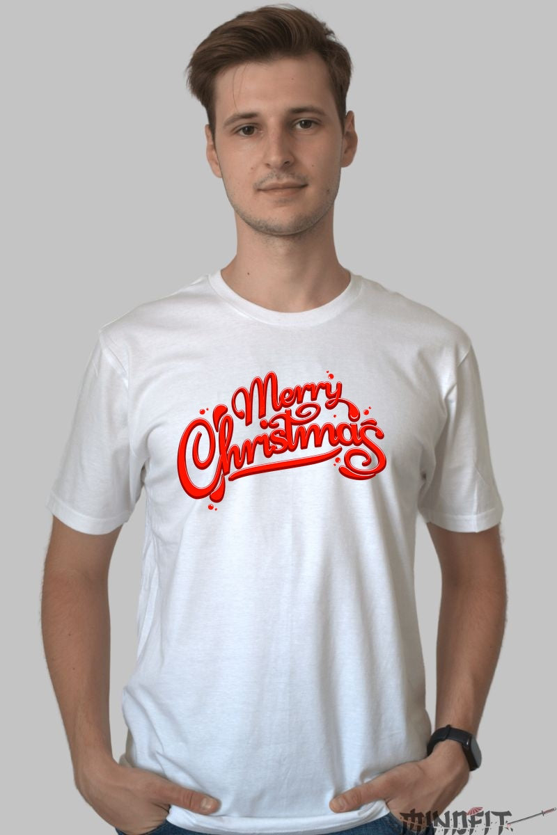 Tricou De Craciun - Merry Christmas Rosu Neon barbat alb