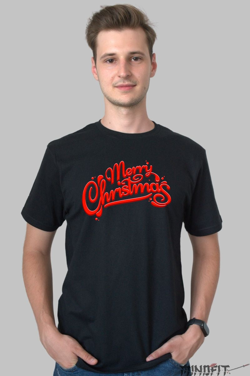 Tricou De Craciun - Merry Christmas Rosu Neon barbat negru
