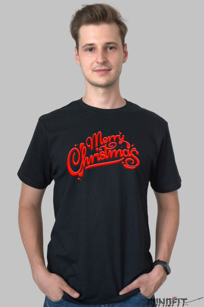 Tricou De Craciun - Merry Christmas Rosu Neon barbat negru
