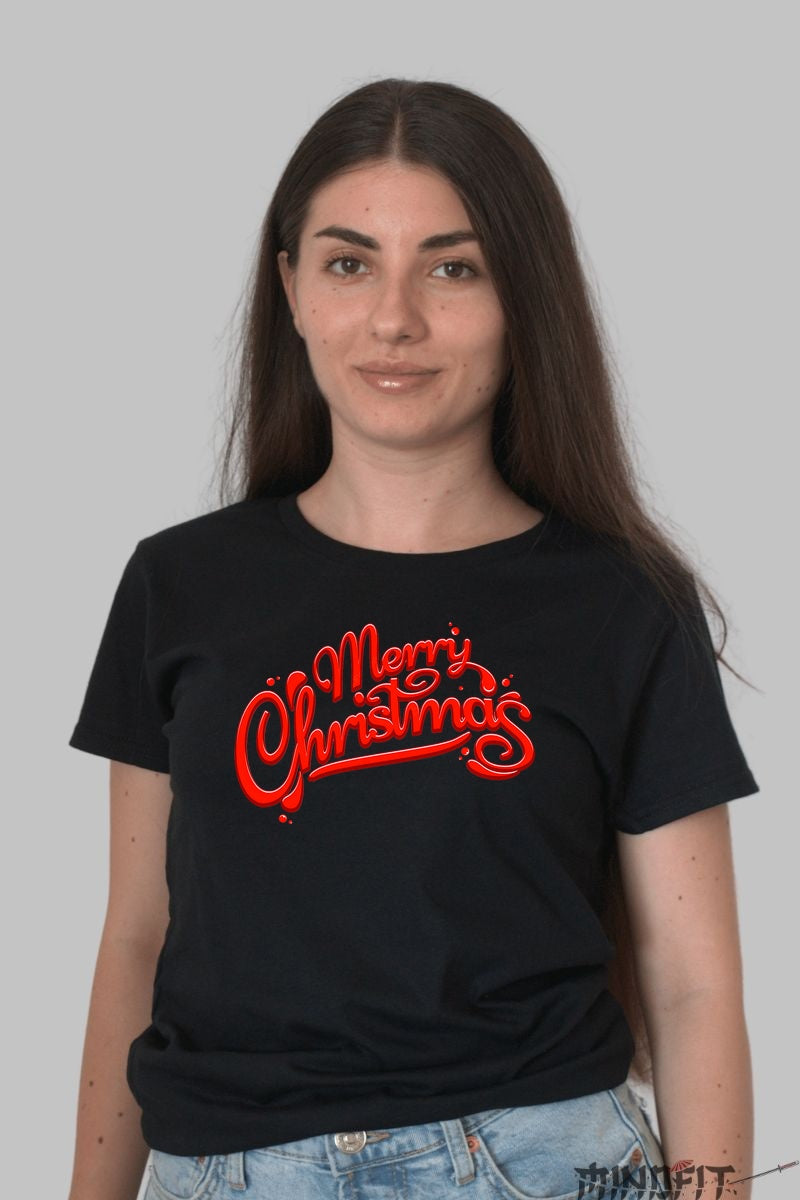 Tricou De Craciun - Merry Christmas Rosu Neon dama negru