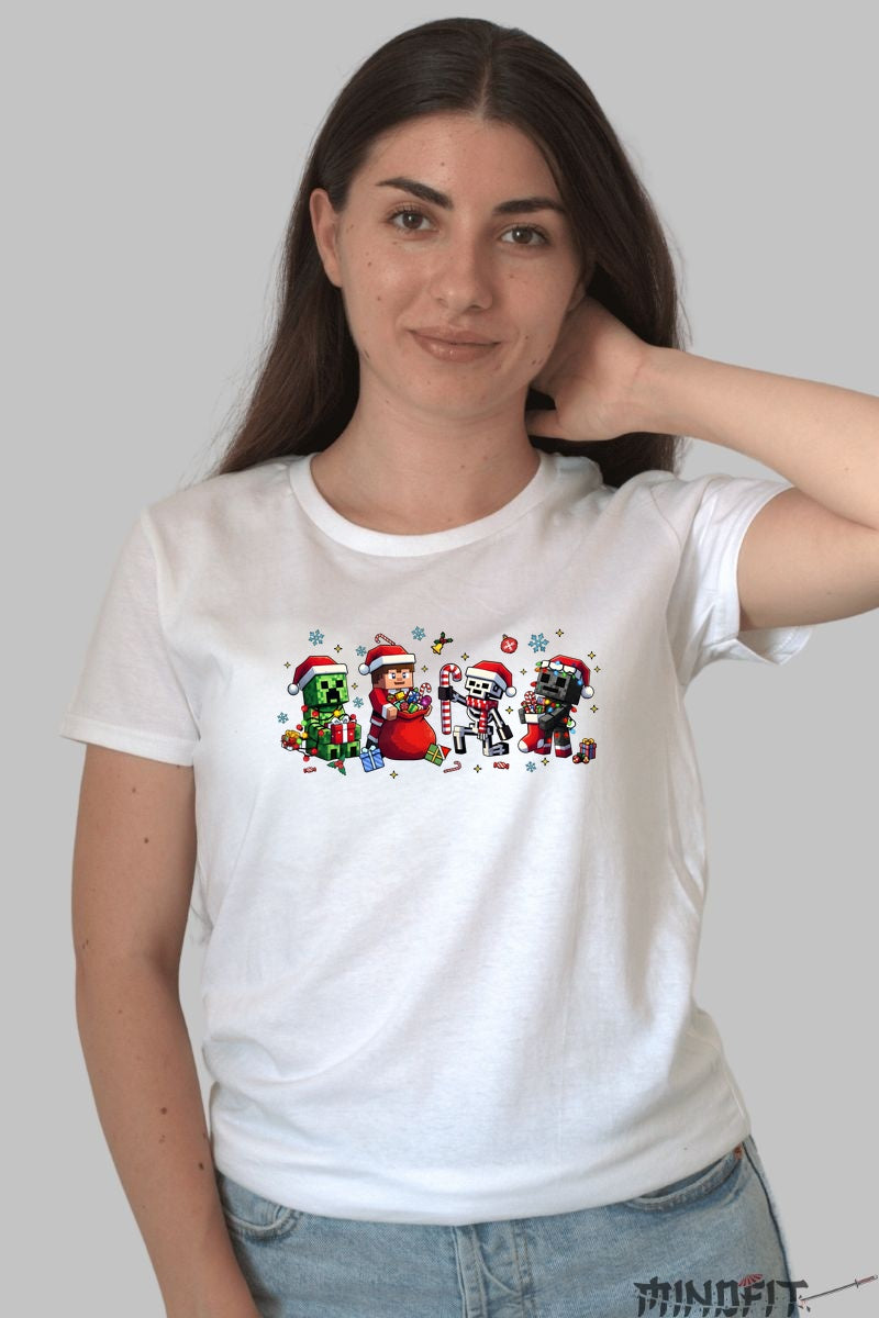 Tricou De Craciun - Minecraft Party Pixelata dama alb