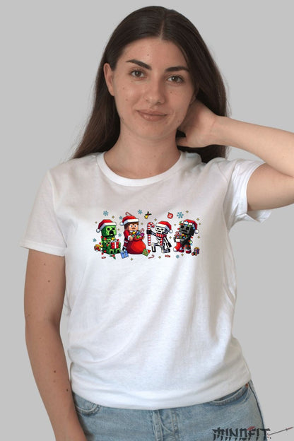 Tricou De Craciun - Minecraft Party Pixelata dama alb
