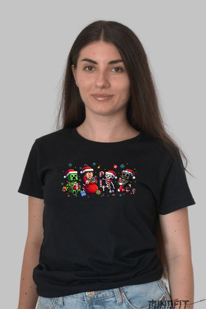 Tricou De Craciun - Minecraft Party Pixelata dama negru
