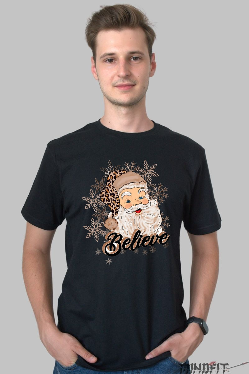 Tricou De Craciun - Mos Craciun Believe Leopard Print barbat negru