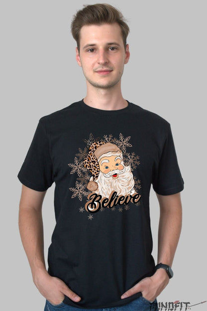 Tricou De Craciun - Mos Craciun Believe Leopard Print barbat negru