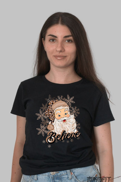 Tricou De Craciun - Mos Craciun Believe Leopard Print dama negru