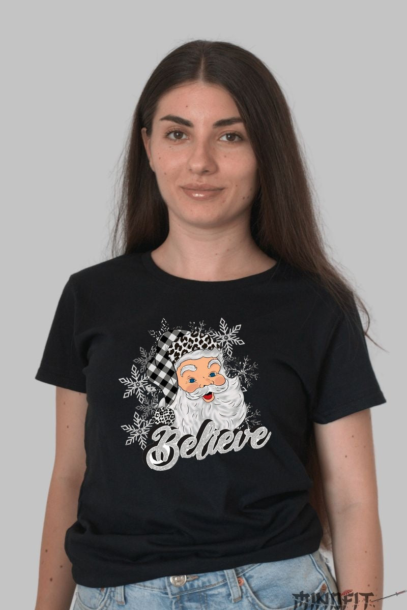 Tricou De Craciun - Mos Craciun Believe Retro dama negru
