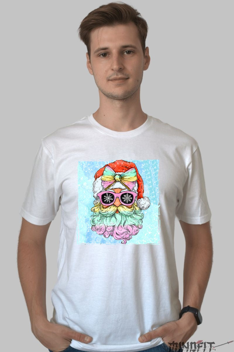 Tricou De Craciun - Mos Craciun Cool Cu Ochelari barbat alb