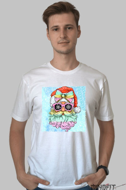 Tricou De Craciun - Mos Craciun Cool Cu Ochelari barbat alb