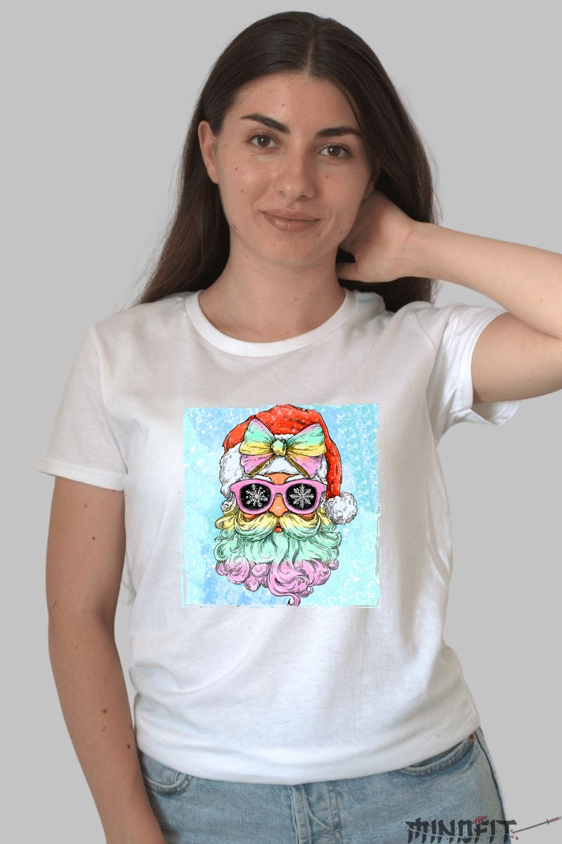 Tricou De Craciun - Mos Craciun Cool Cu Ochelari dama alb