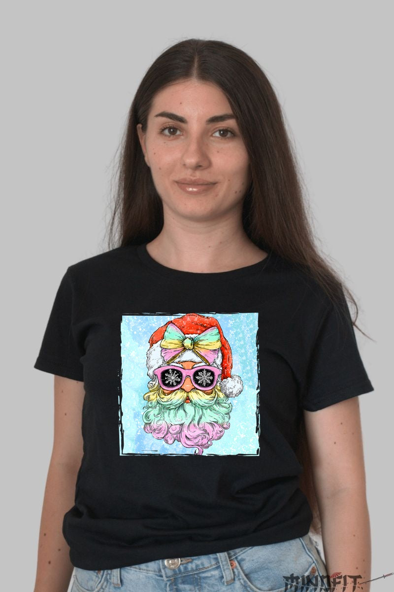 Tricou De Craciun - Mos Craciun Cool Cu Ochelari dama negru