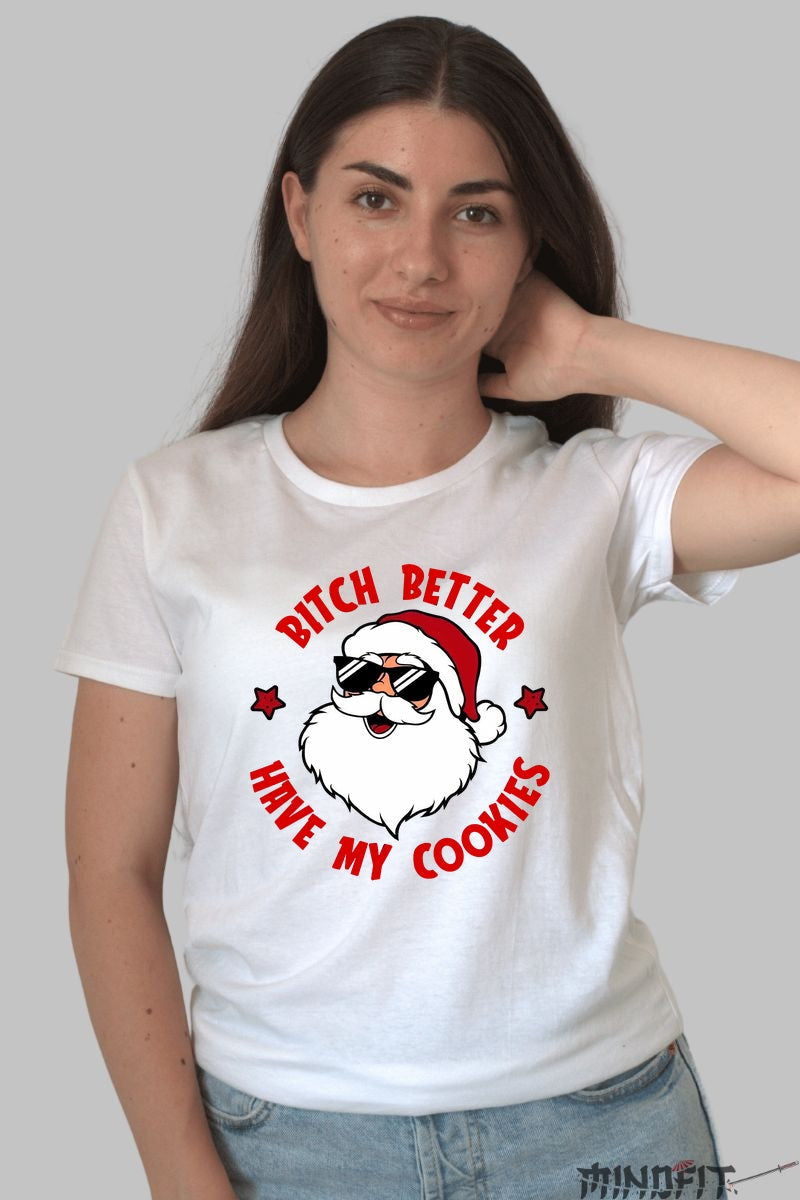 Tricou De Craciun - Mos Craciun Gangsta Cookies dama alb