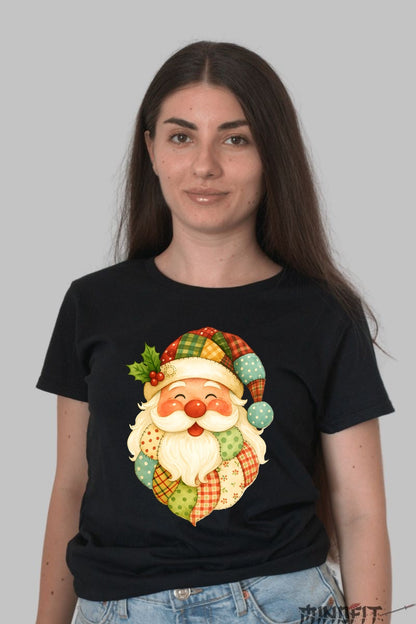 Tricou De Craciun - Mos Craciun Patchwork dama negru