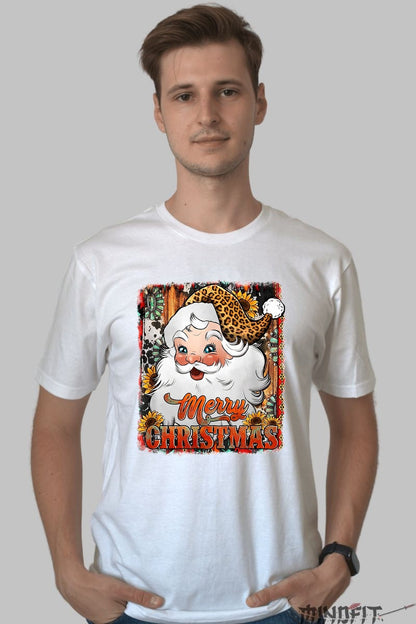 Tricou De Craciun - Mos Craciun Vintage Cu Caciula Leopard barbat alb