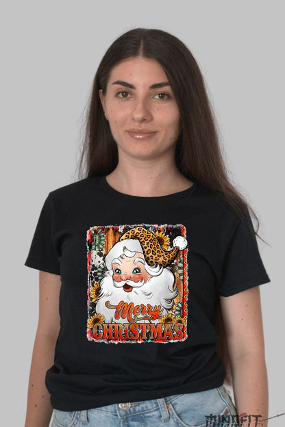 Tricou De Craciun - Mos Craciun Vintage Cu Caciula Leopard dama negru