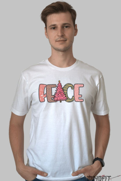 Tricou De Craciun - Peace Cu Brad Roz barbat alb