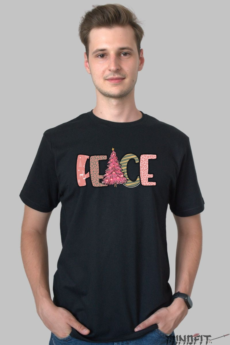 Tricou De Craciun - Peace Cu Brad Roz barbat negru