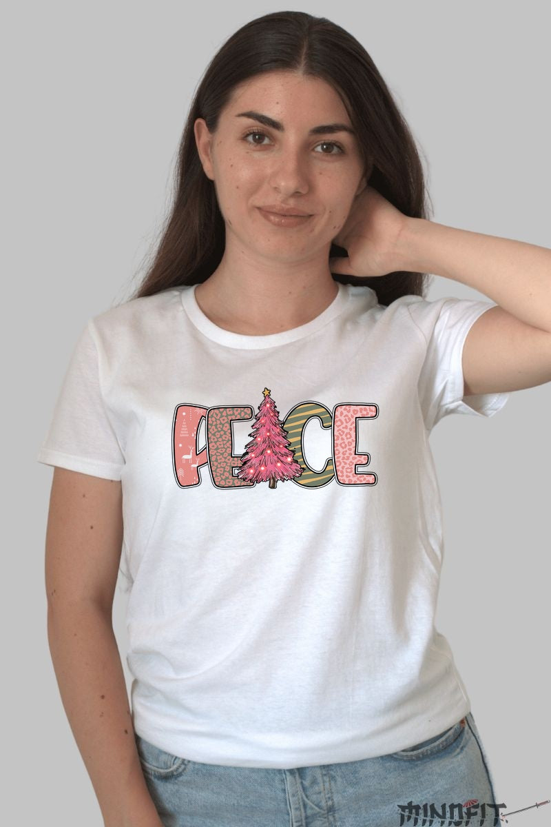 Tricou De Craciun - Peace Cu Brad Roz dama alb