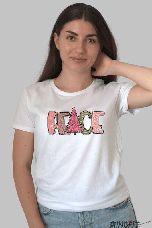 Tricou De Craciun - Peace Cu Brad Roz dama alb