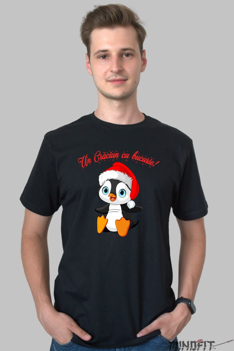 Tricou De Craciun - Pinguin Cu Caciula Magica barbat negru