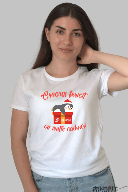 Tricou De Craciun - Pinguin Cu Cadouri dama alb