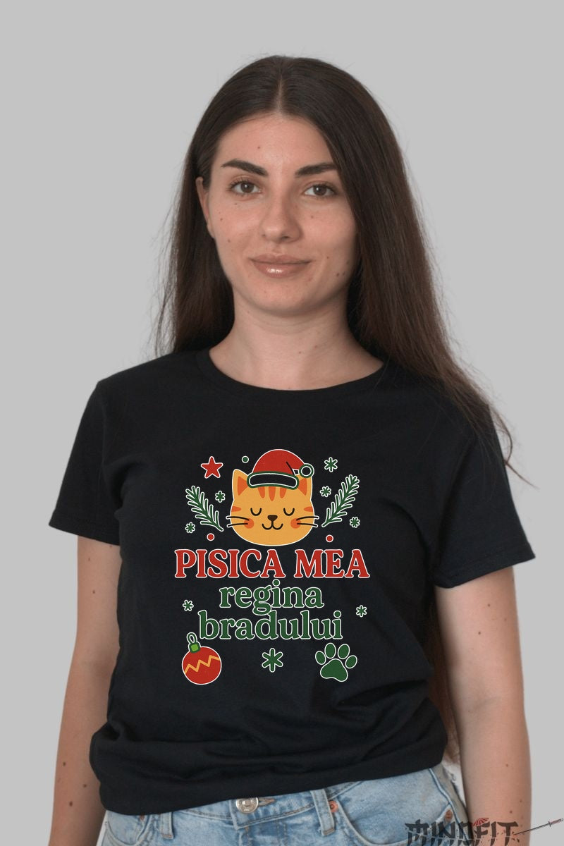 Tricou De Craciun - Pisica Mea Regina Bradului barbat alb
