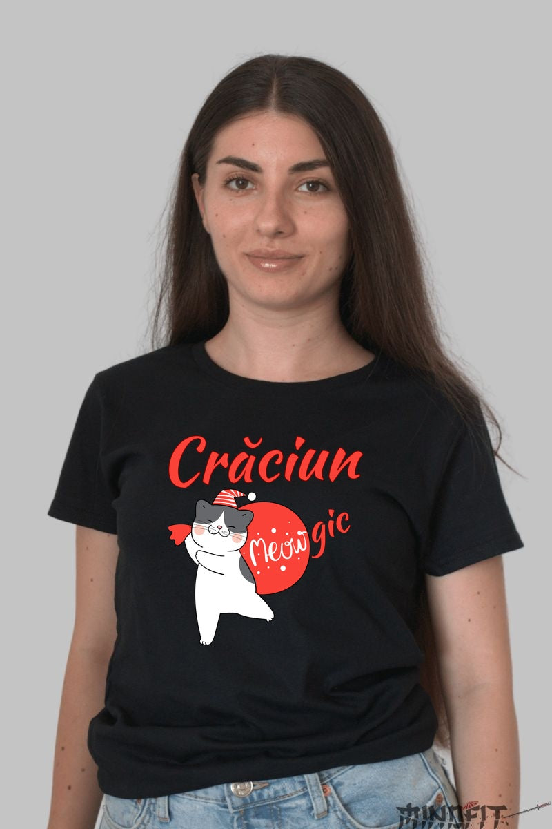 Tricou De Craciun - Pisica Meowgica dama negru