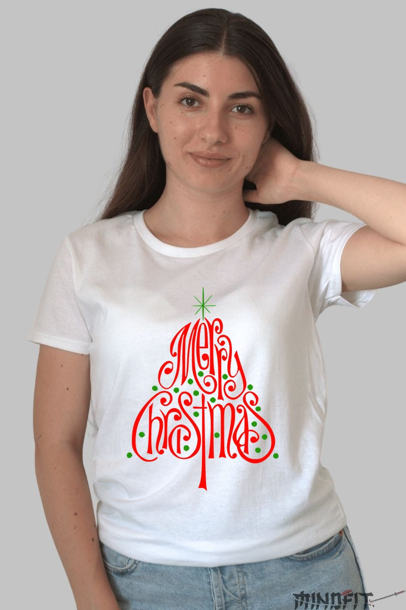 Tricou De Craciun - Pom Stilizat Cu Mesaj Festiv dama alb