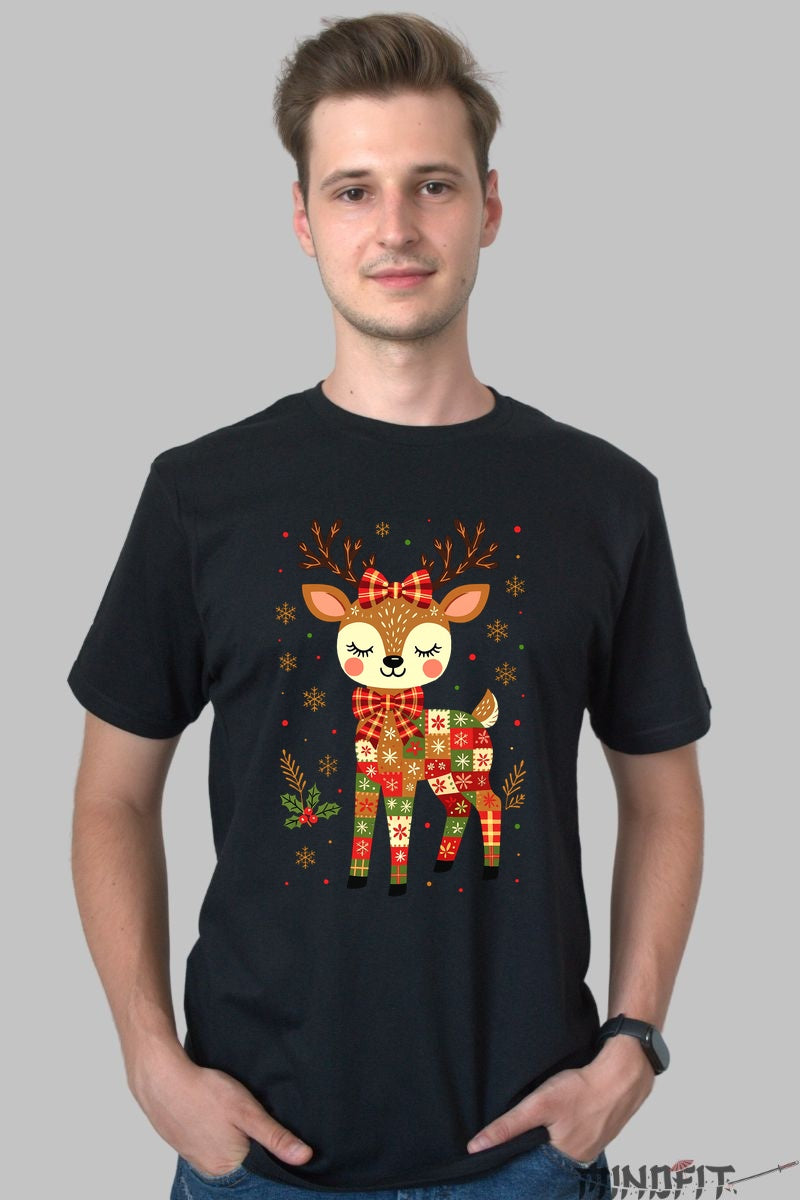 Tricou De Craciun - Ren Cu Fundita Rosie barbat negru